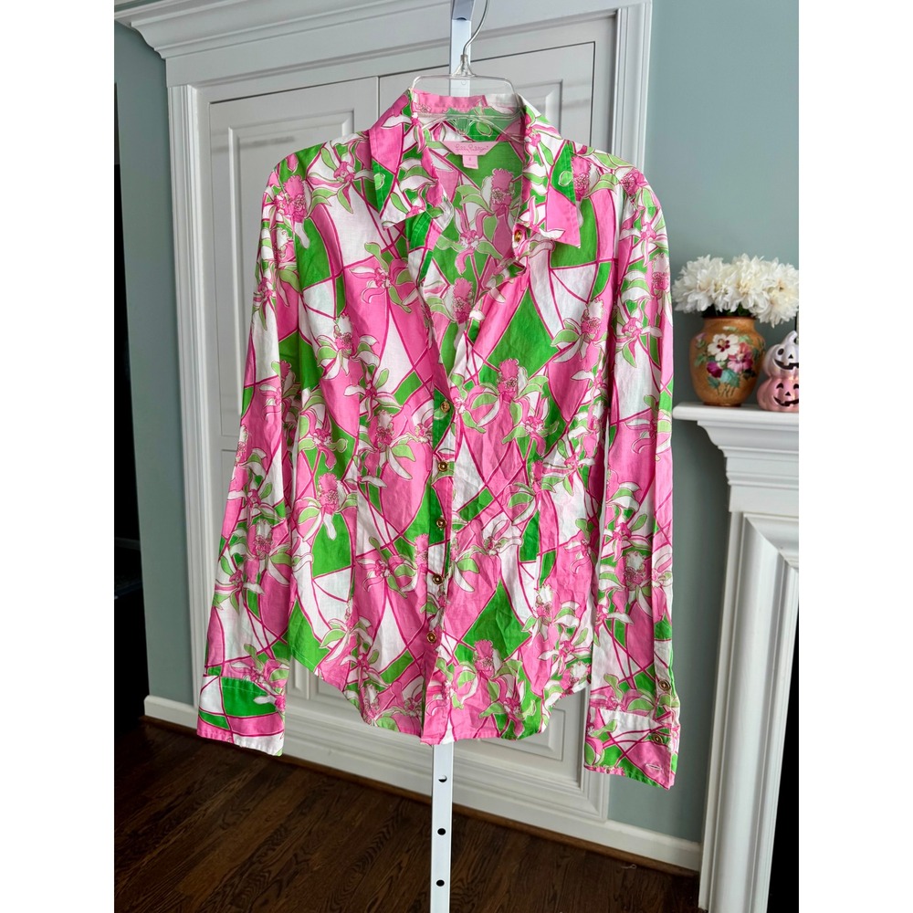 Lilly Pulitzer Pink Green Floral Cotton Button Down Shirt Gold Buttons Size 6